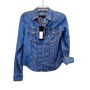 NEW Veronica Beard Crawford Blouse Size 0 Mystic Blue Chambray Pearl Snap